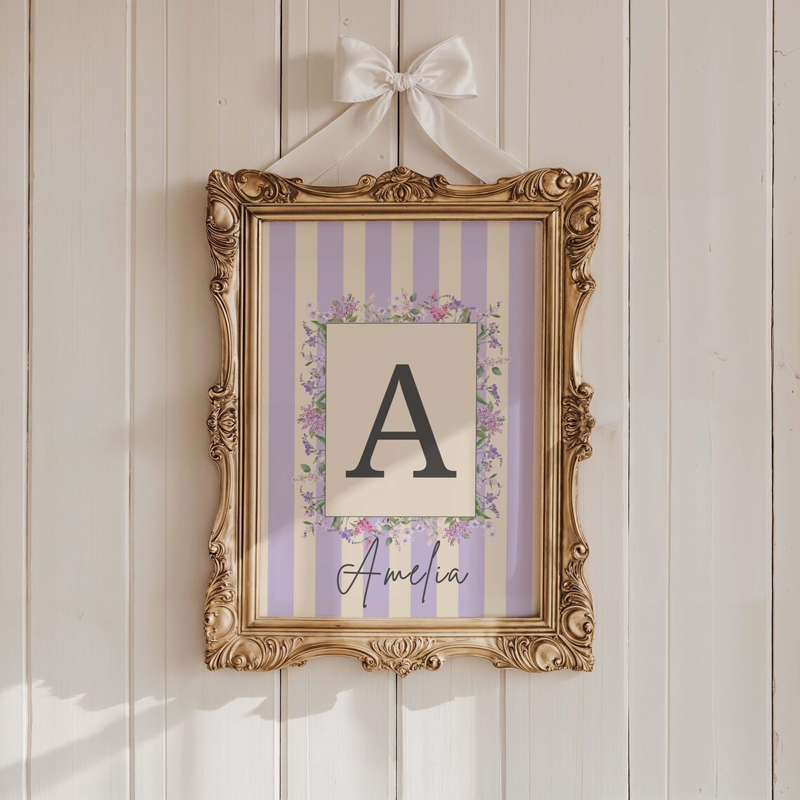 Personalized Floral Initial Wall Art Pastel Striped Nursery Print Baby Girl Room Decor Custom Letter