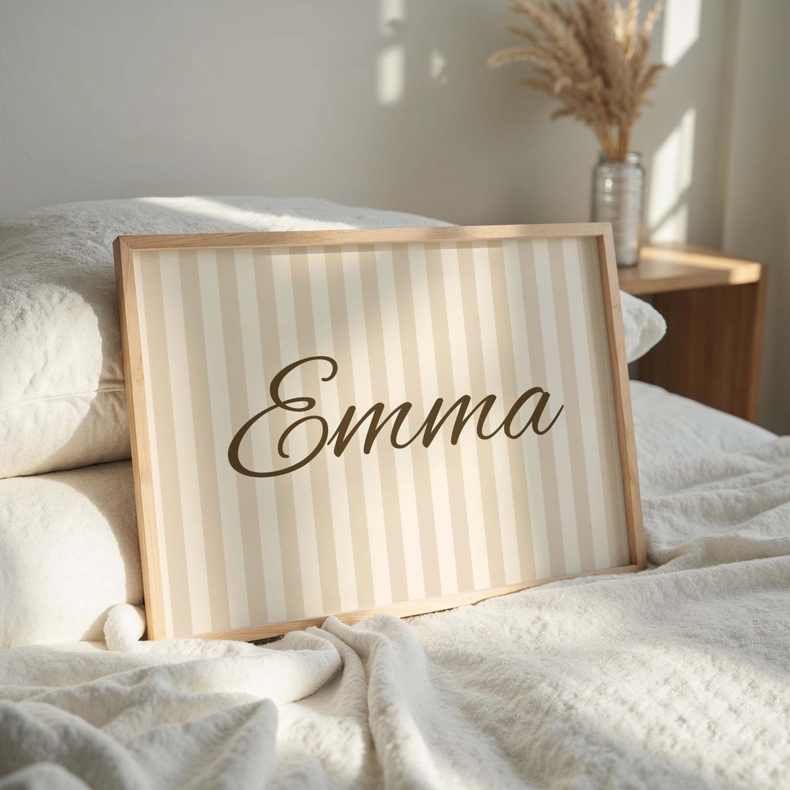 Custom Script Name Print Beige Striped Nursery Neutral Decor Gift