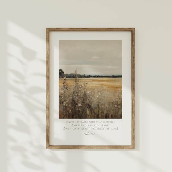 Psalm 1004 Wildflower Landscape Wall Art Christian Thanksgiving Bible Verse Poster Vintage Fall Farmhouse Living Room Decor