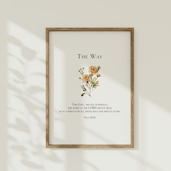 The Way Psalm 18:30 His Way Is Perfect Peach Rose Botanical Scripture Poster
