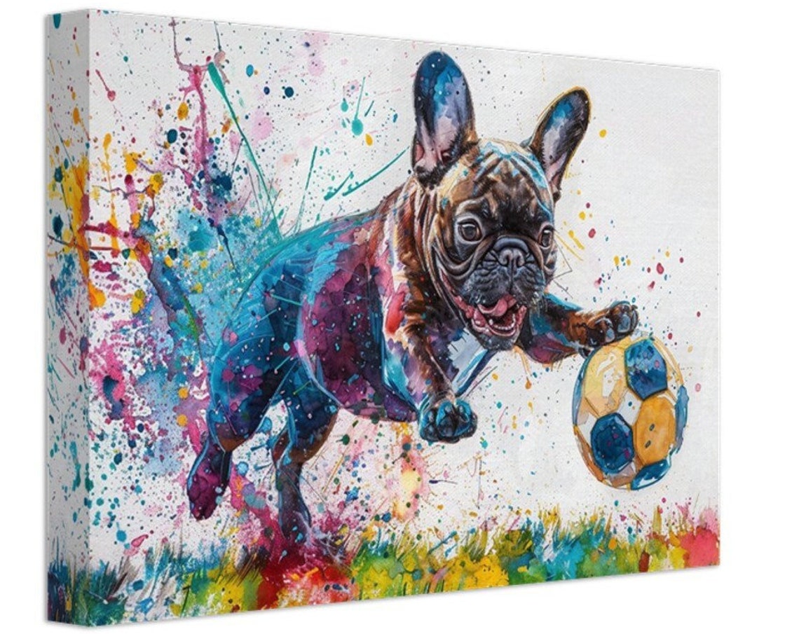 French Bulldog Playing Football Soccer On Canvas Frenchie Mom Dad Sports Lover Teen Room Decor Gift Paint Splash Wall Art Print Picture