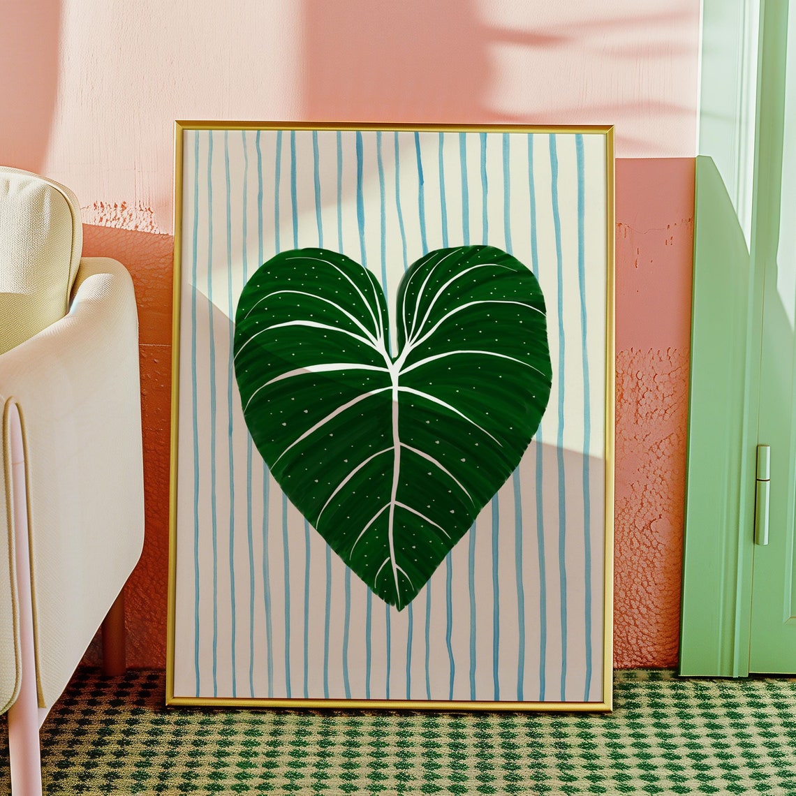 Striped Philodendron Leaf Heart Boho Tropical Botanical Art Poster