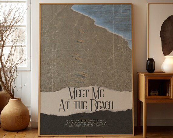 Meet Me At The Beach Footprints In Sand Moody Shoreline Romantic Quote Poster