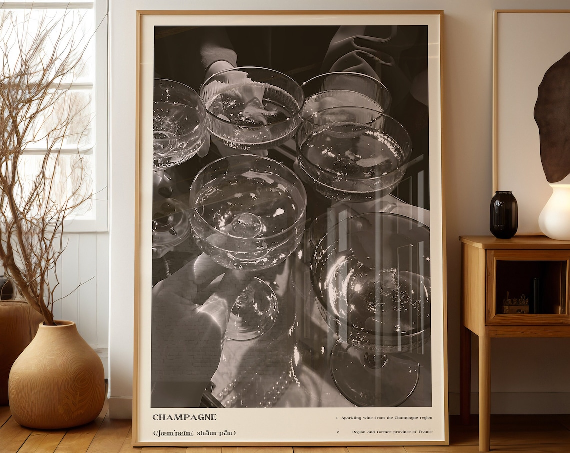 Champagne Black And White Typography Poster Print