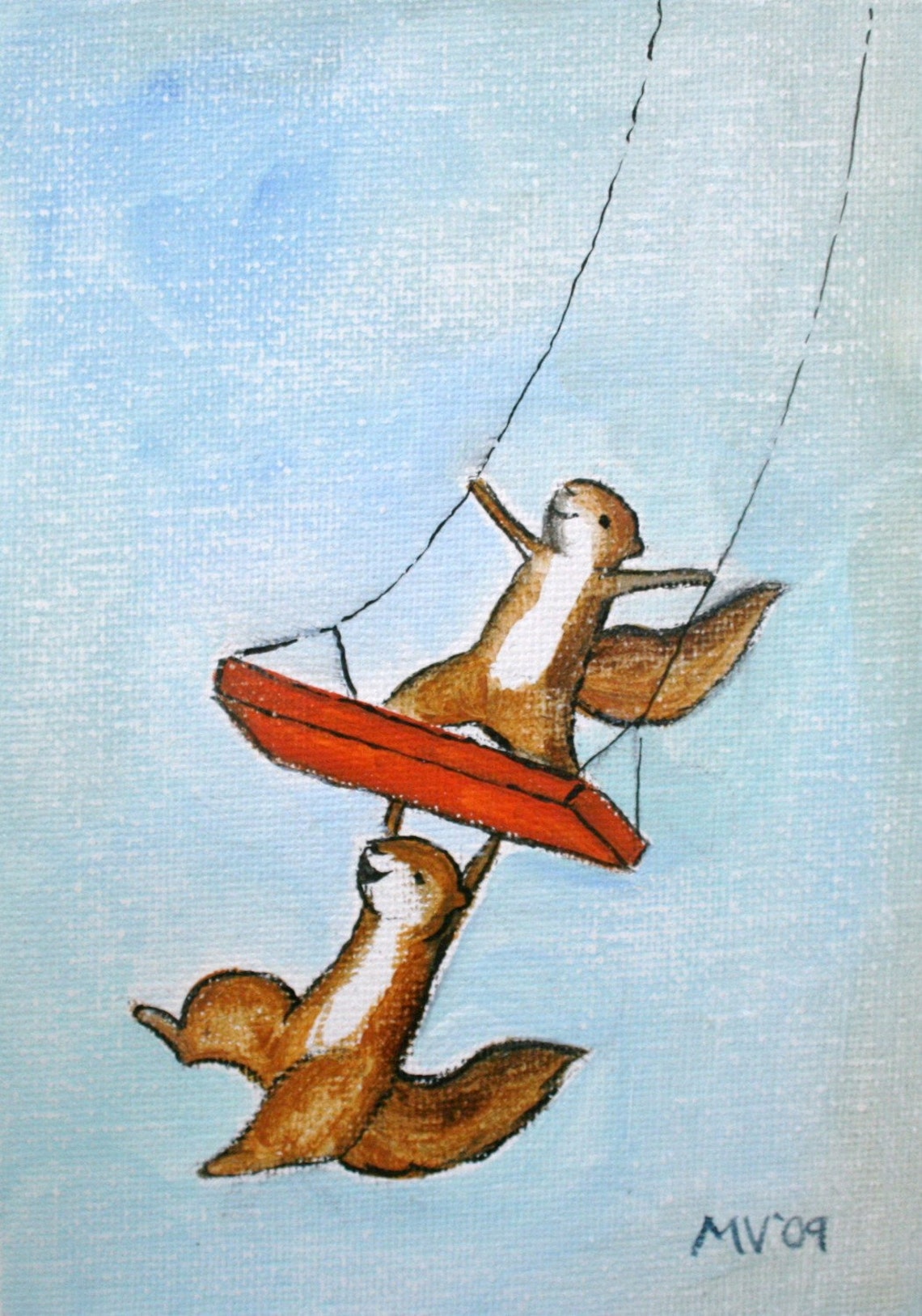 Two Playful Squirrels Swinging High On Red Swing Kids Art Poster