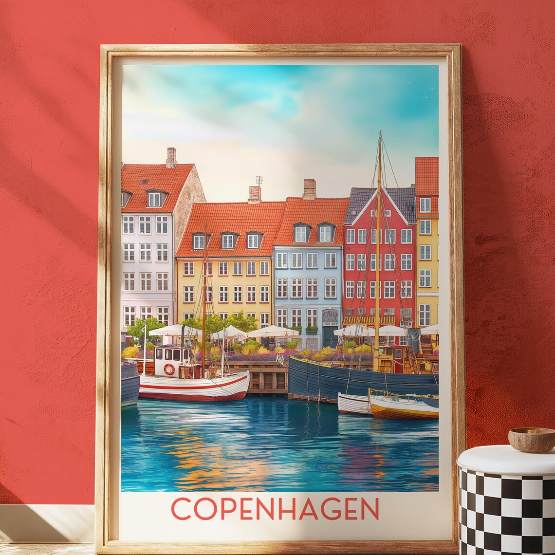 Copenhagen Nyhavn Harbor Colorful Houses Illustration Travel Poster