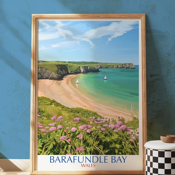 Barafundle Bay Wales Art Print Coastal Beach Poster Pembrokeshire Travel Illustration Scenic Wall Decor Gift For Nature And Ocean Lovers