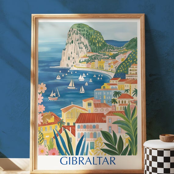 Gibraltar Art Print Mediterranean Coastal Illustration Europe Travel Poster