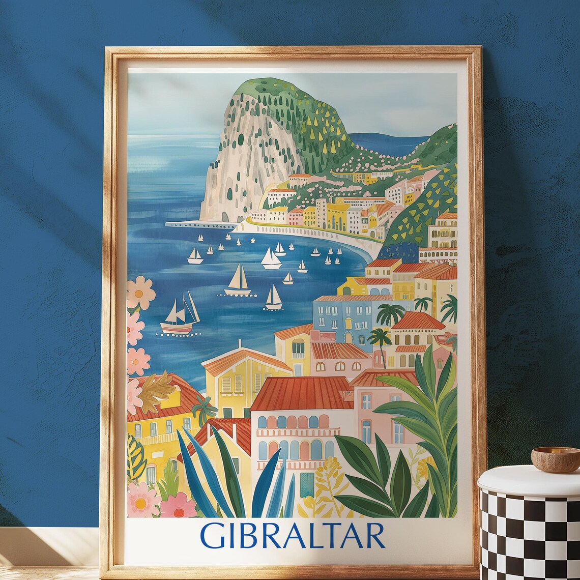 Gibraltar Rock Mediterranean Coastal Town Sailboats Travel Poster