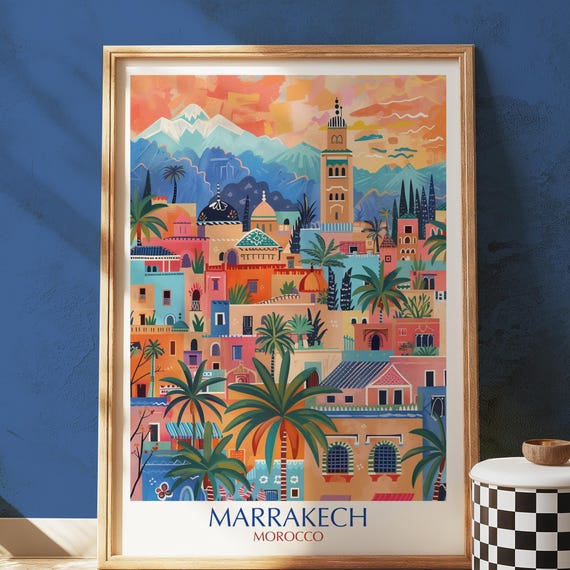 Marrakech Vintage Travel Poster, Moroccan Cityscape