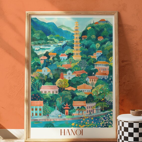 Hanoi Vietnam Colorful Pagoda Hillside Cityscape Travel Poster