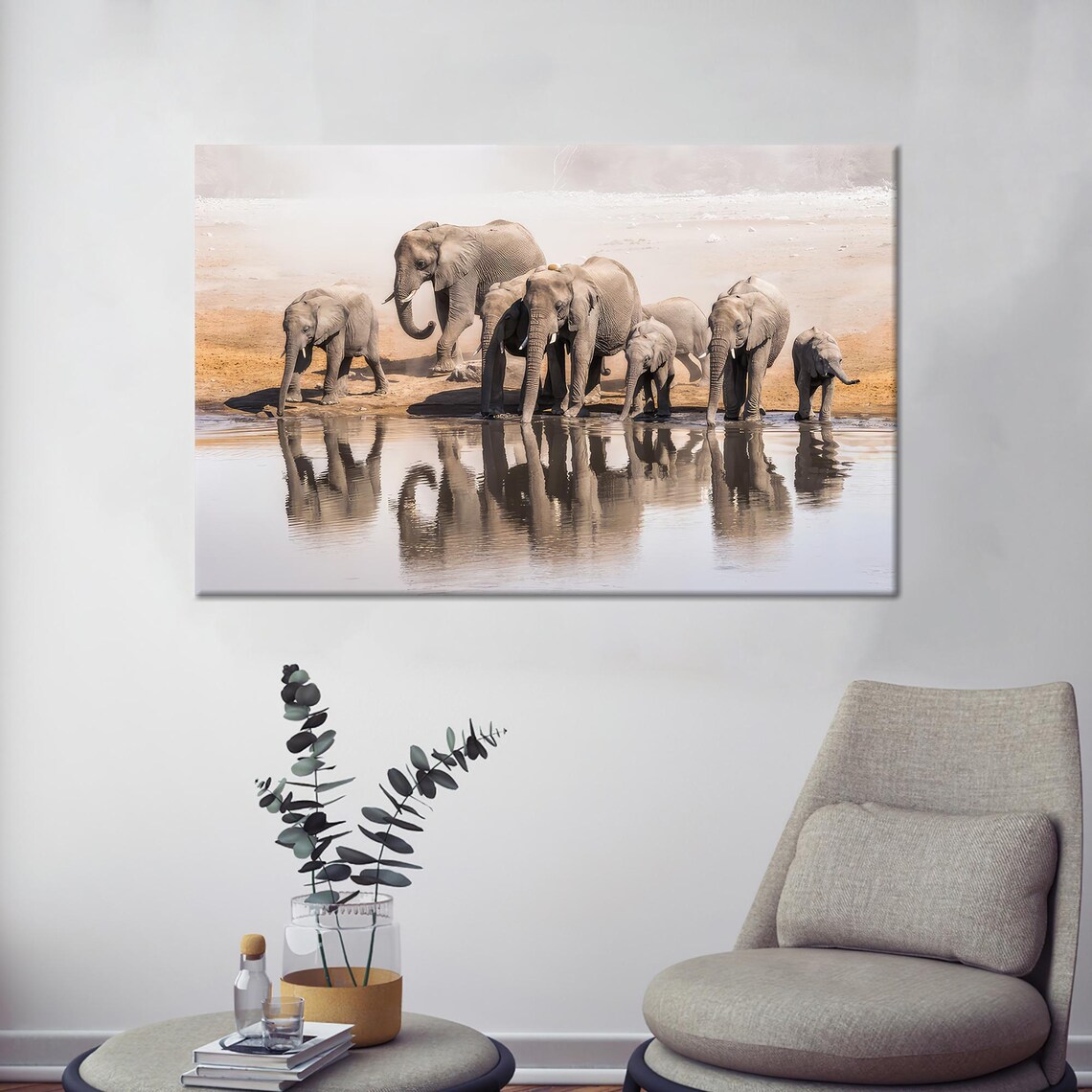 African Elephant Herd at Watering Hole Scenic Wildlife Poster