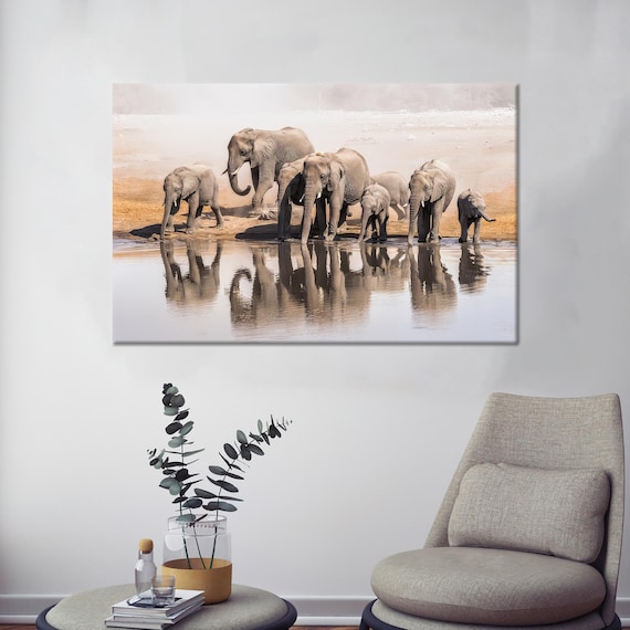 African Elephant Herd at Watering Hole Scenic Wildlife Poster