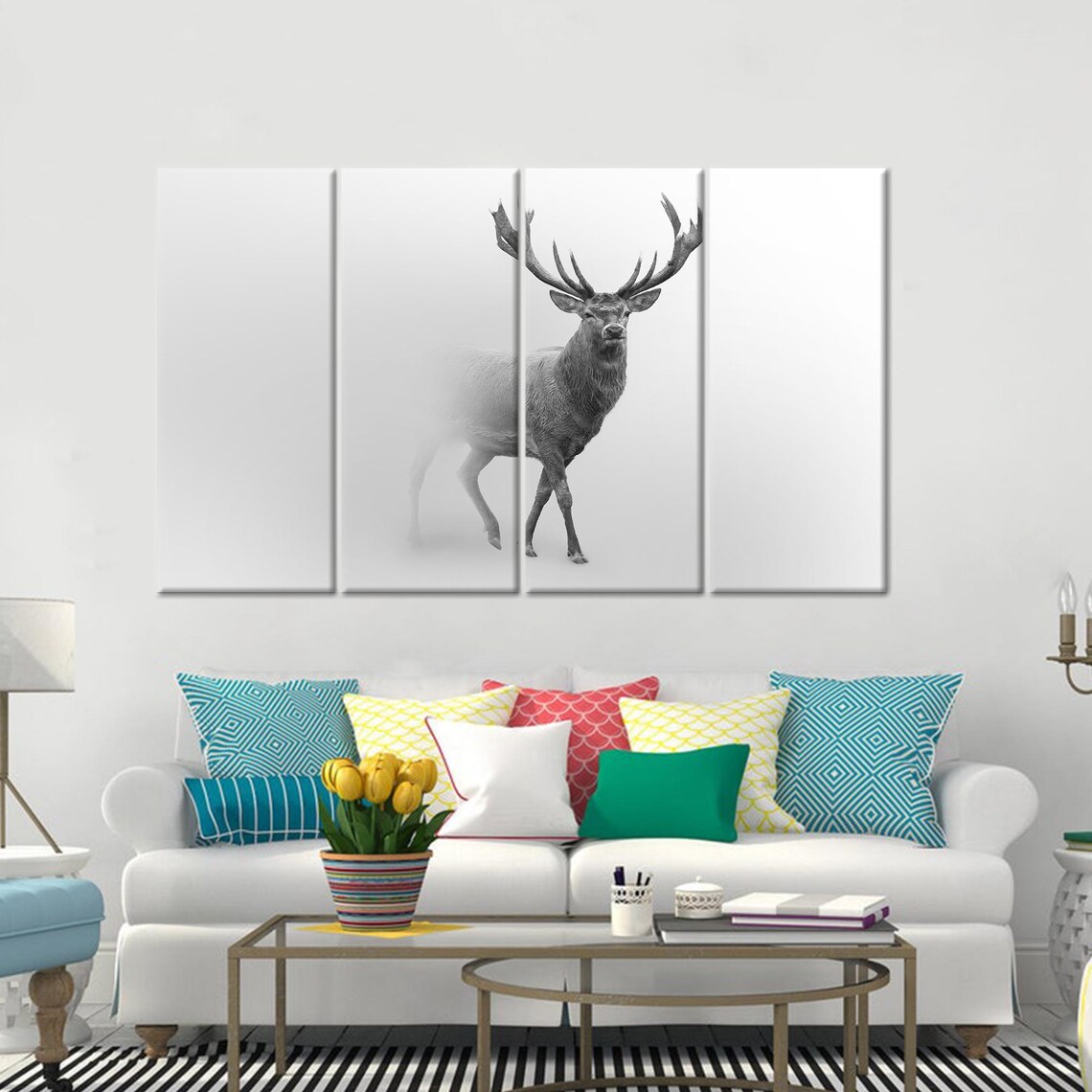 Stag with Grand Antlers Stepping Out of Thick White Fog Poster - Image 3