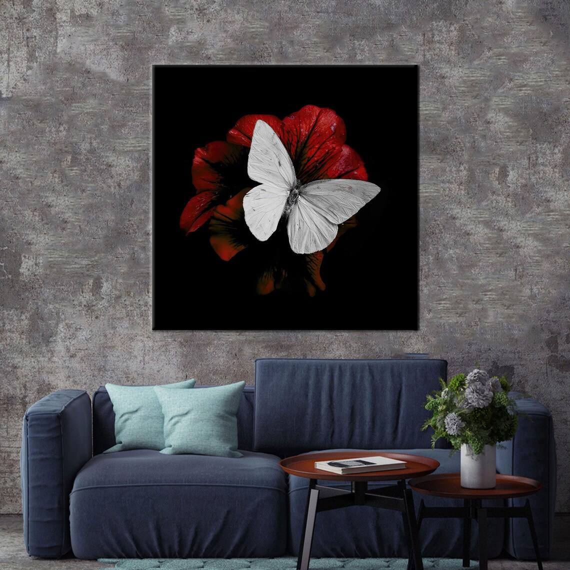 White Butterfly On Red Flower, Modern Art Decor - Image 4