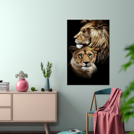 Lion and Lioness Couple Portrait Glowing on Black Background Poster