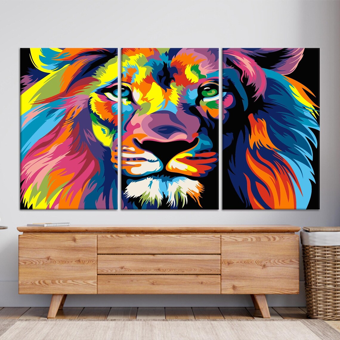 Pop Art Rainbow Colored Lion Face on Black Background Poster - Image 2