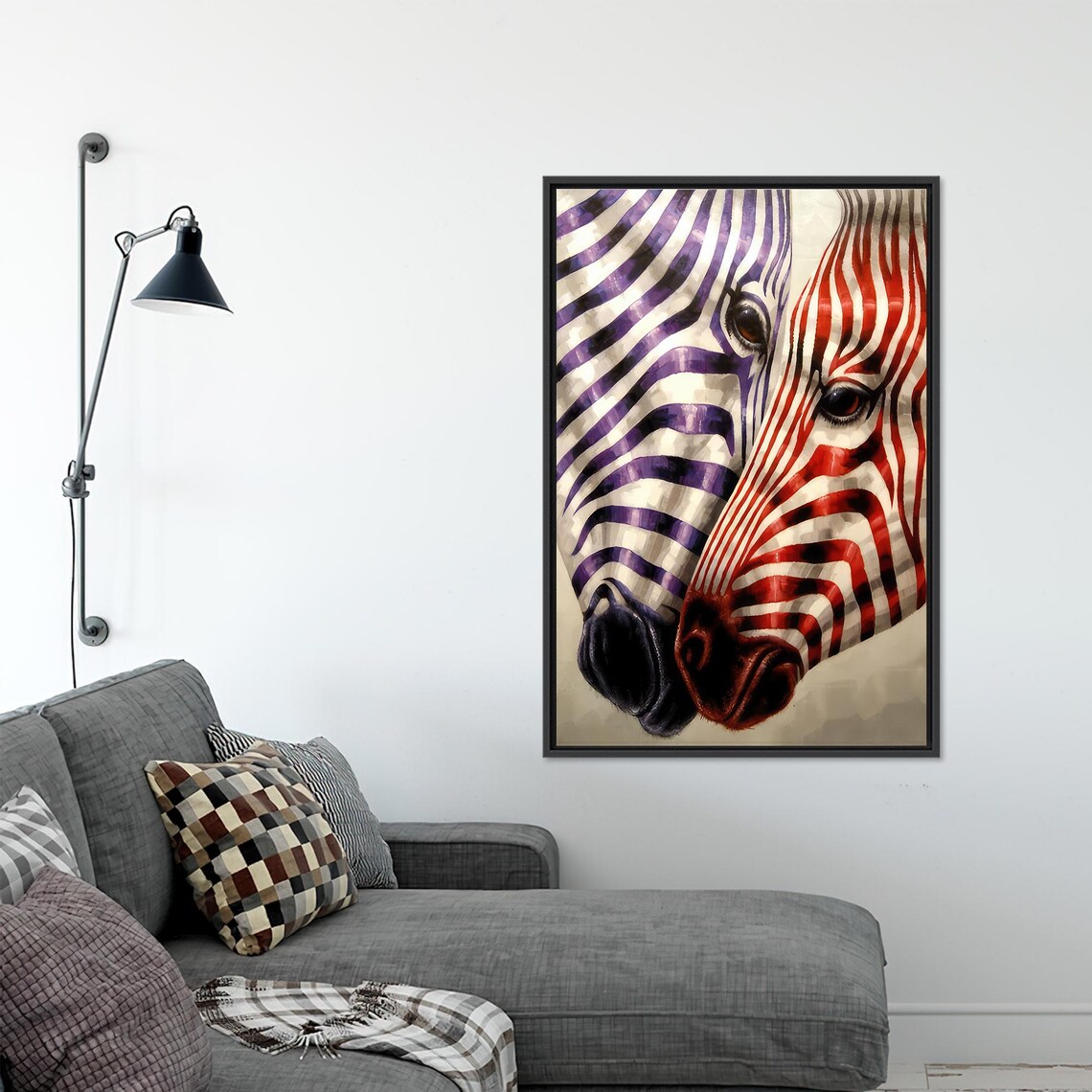 Two Zebra Faces Pressed Cheek to Cheek in Purple and Red Poster - Image 3