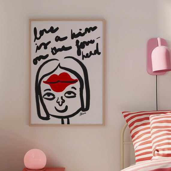 Forehead Kisses Print Hand Drawn Posters Decor Mid Century Cute Bedroom Art Black And Red Kiss Poster Romantic