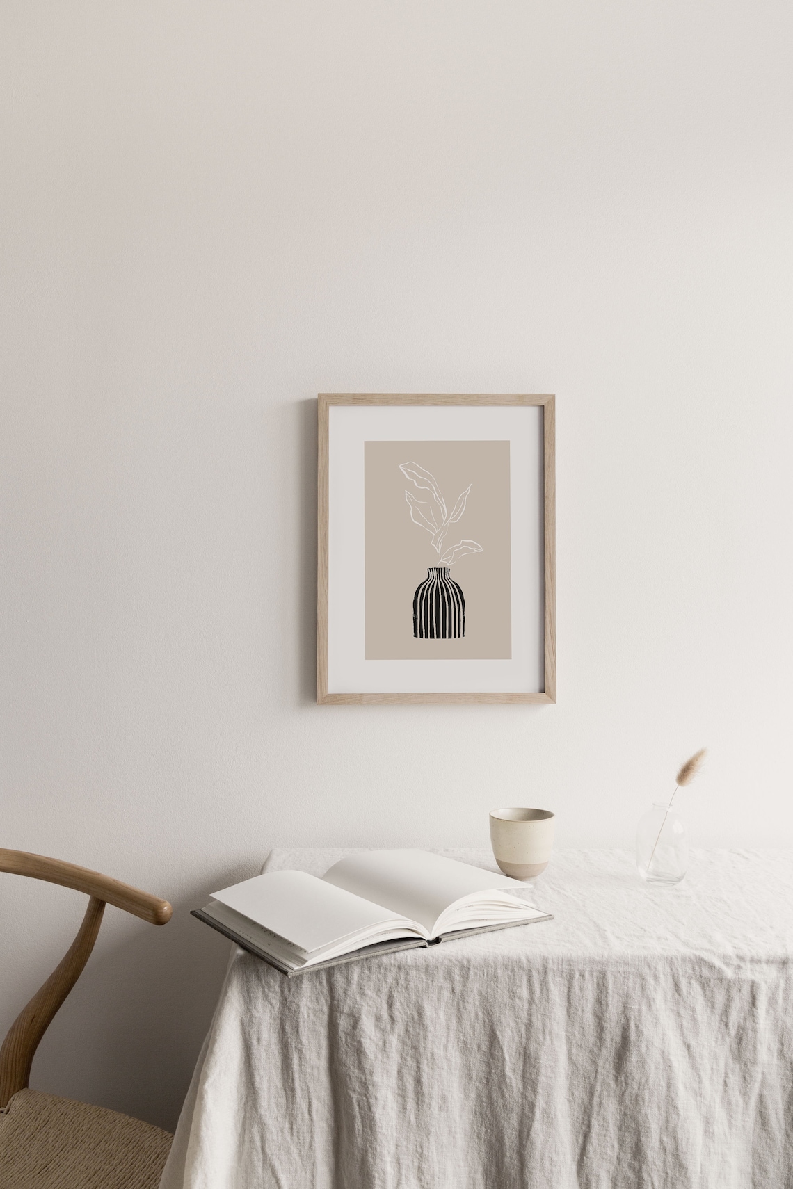 Beige Striped Vase Botanical Line Art Leaves Minimalist Wall Print - Image 2