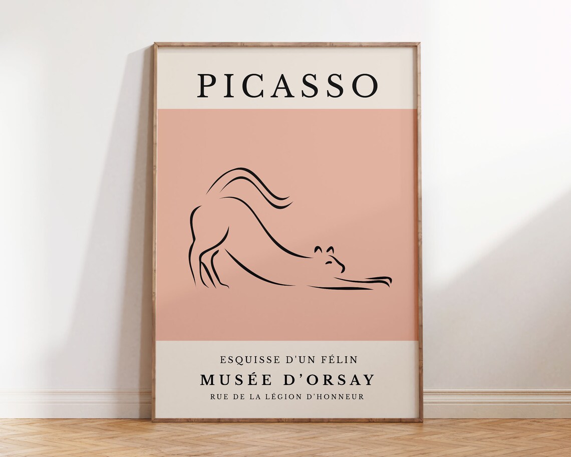Picasso Cat Line Art Print, Pink Minimalist Poster