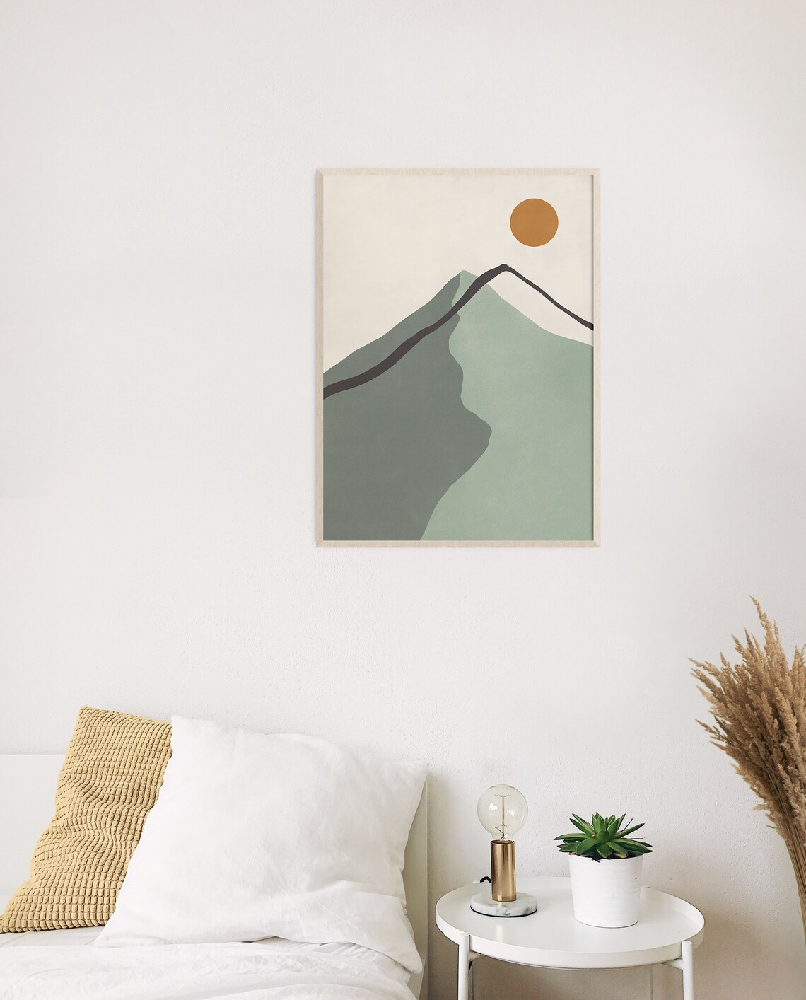 Minimalist Mountain Landscape Abstract Mountain And Sun Print In Sage Green Tones - Image 2