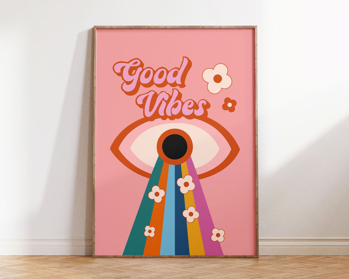 Good Vibes Rainbow Print, Retro 60s 70s Decor