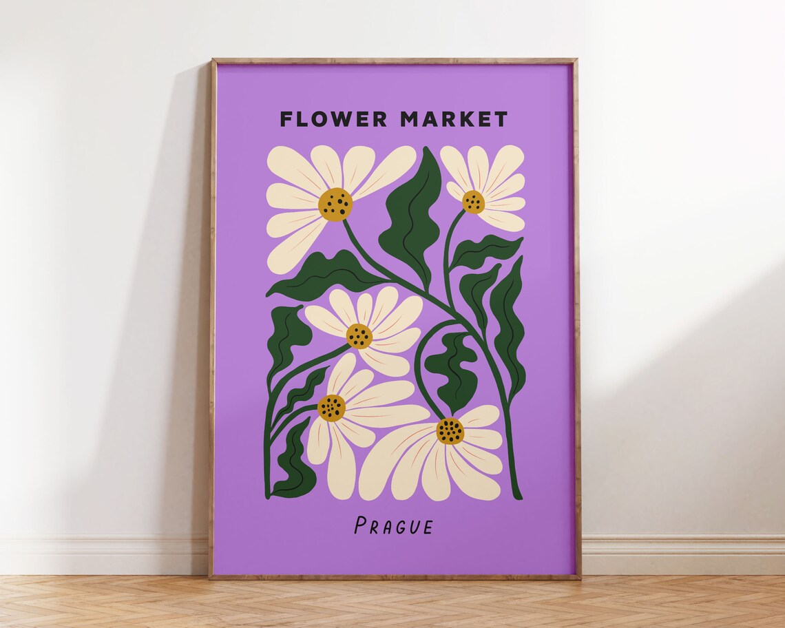 Flower Market Prague Purple Daisy Retro Botanical Illustration Poster