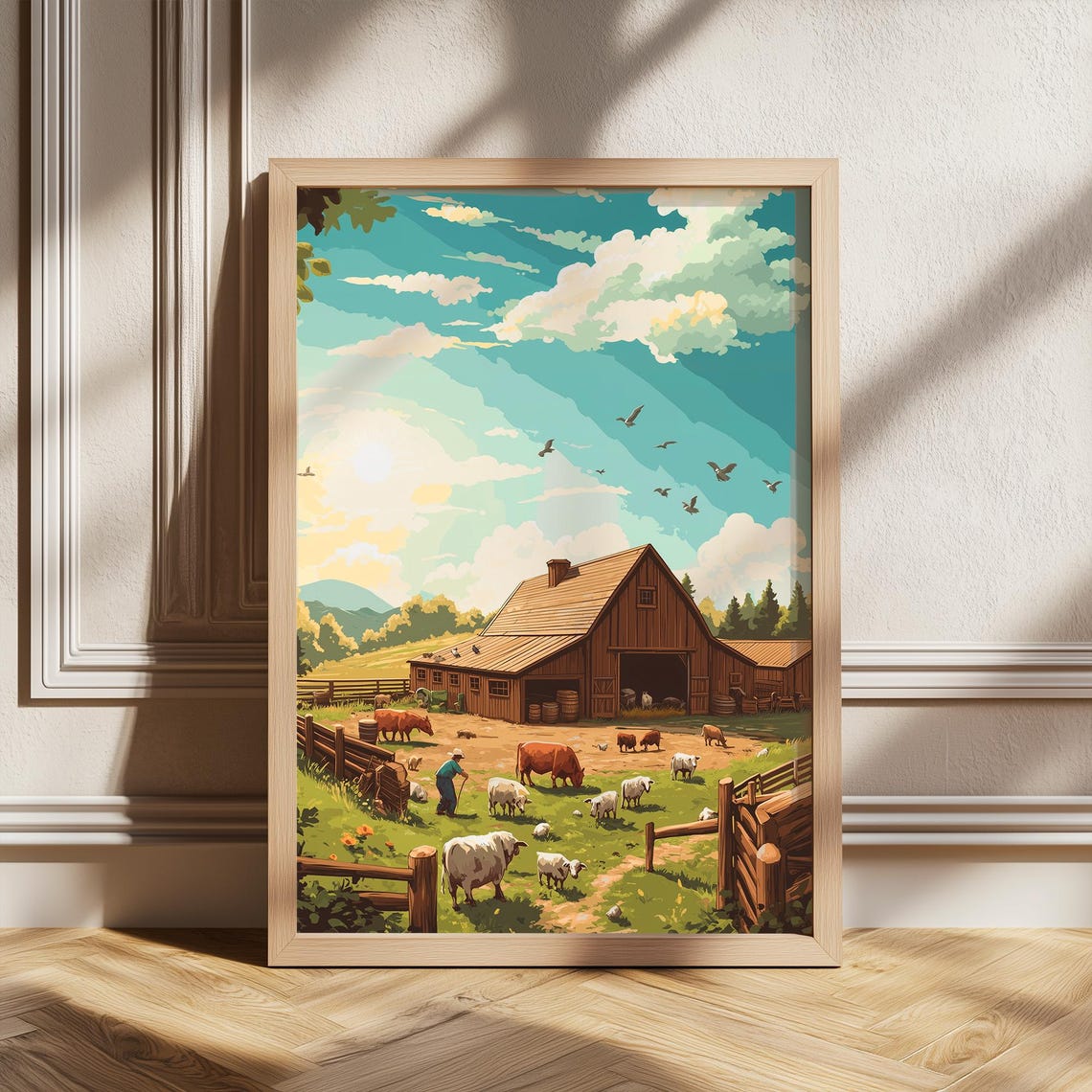 Country Barn Farm Poster With Sheep Cows And Farmer In Field