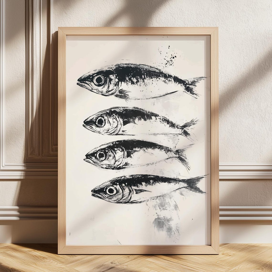 Sardines in Black Ink Row Kitchen Poster Minimalist Fish Illustration