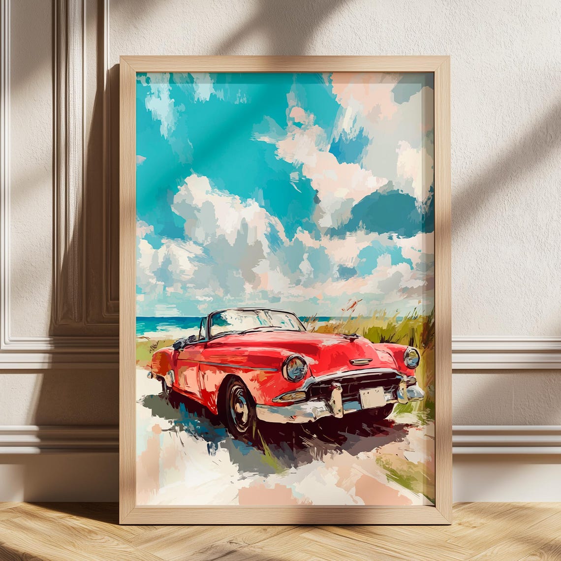 Vintage Red Convertible Classic Car Parked at the Beach Poster