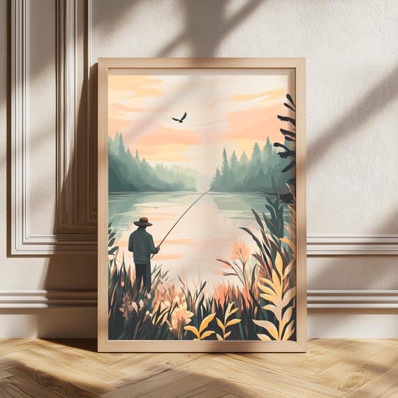 Fisherman Poster Boho Art Retro Style Lake Prints Gift For