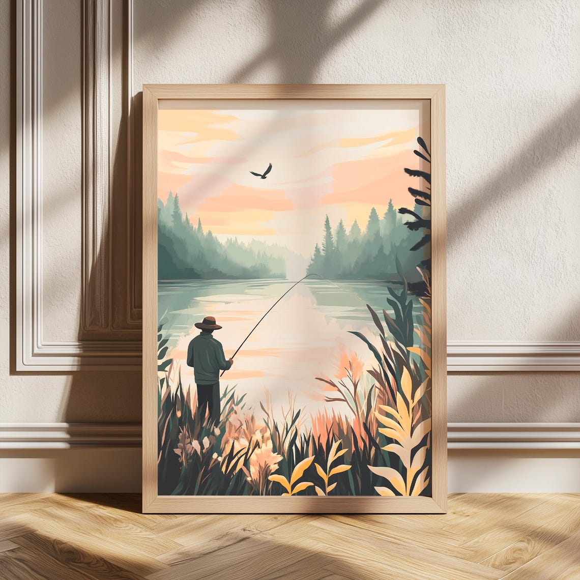 Fisherman At Sunset Lake Retro Boho Nature Illustration Poster