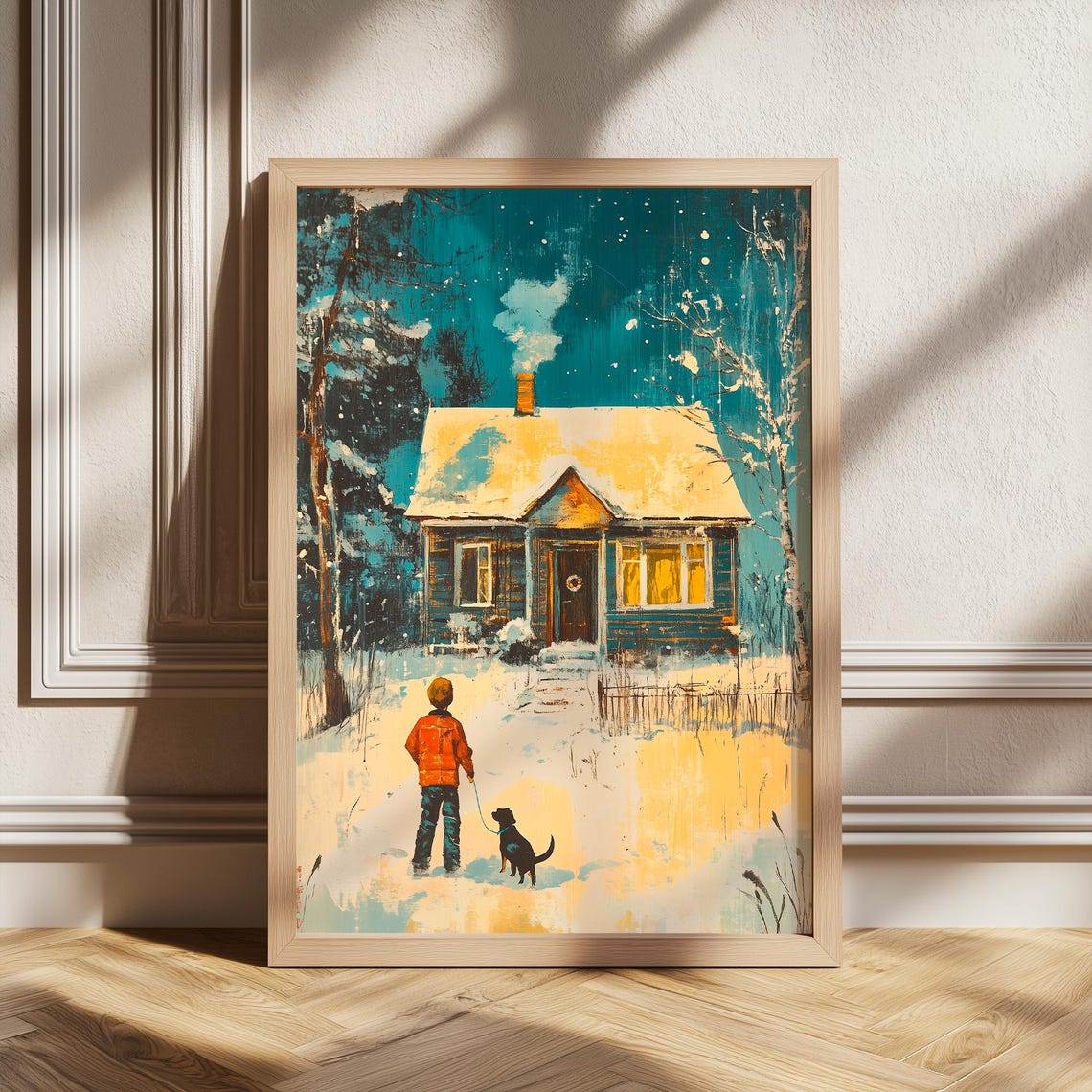 Boy and Dog at a Snowy Cabin Door Nostalgic Winter Art Poster