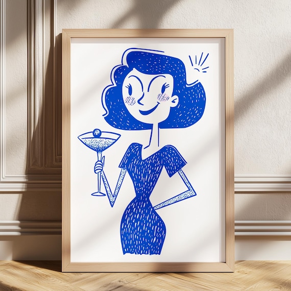 Retro Blue Cocktail Lady Whimsical Martini Bar Wall Decor Poster