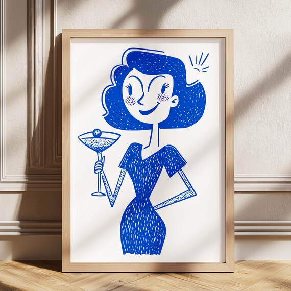 Retro Illustration Cocktail Art Vintage Drawing Whimsical Poster Woman Blue Ink Girl Bar Prints