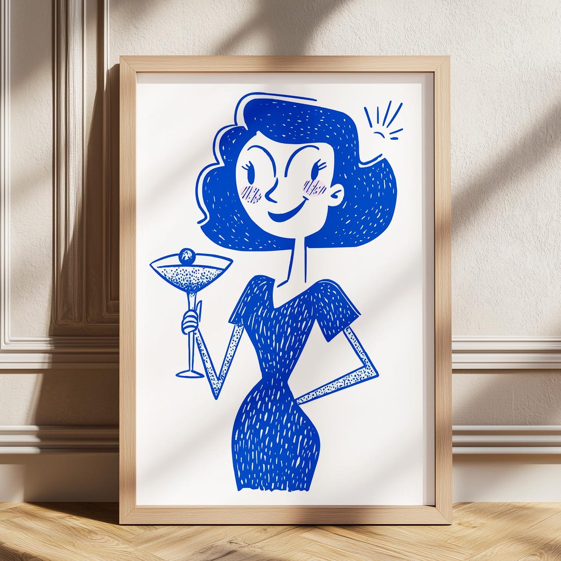 Retro Blue Cocktail Lady Whimsical Martini Bar Wall Decor Poster
