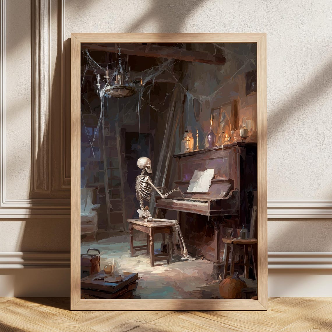 Skeleton Print Plays Piano Vintage Halloween Art Poster Spooky