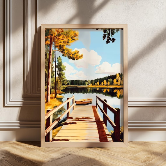 Peaceful Wooden Dock Leading To Calm Autumn Lake Cabin Retreat Poster