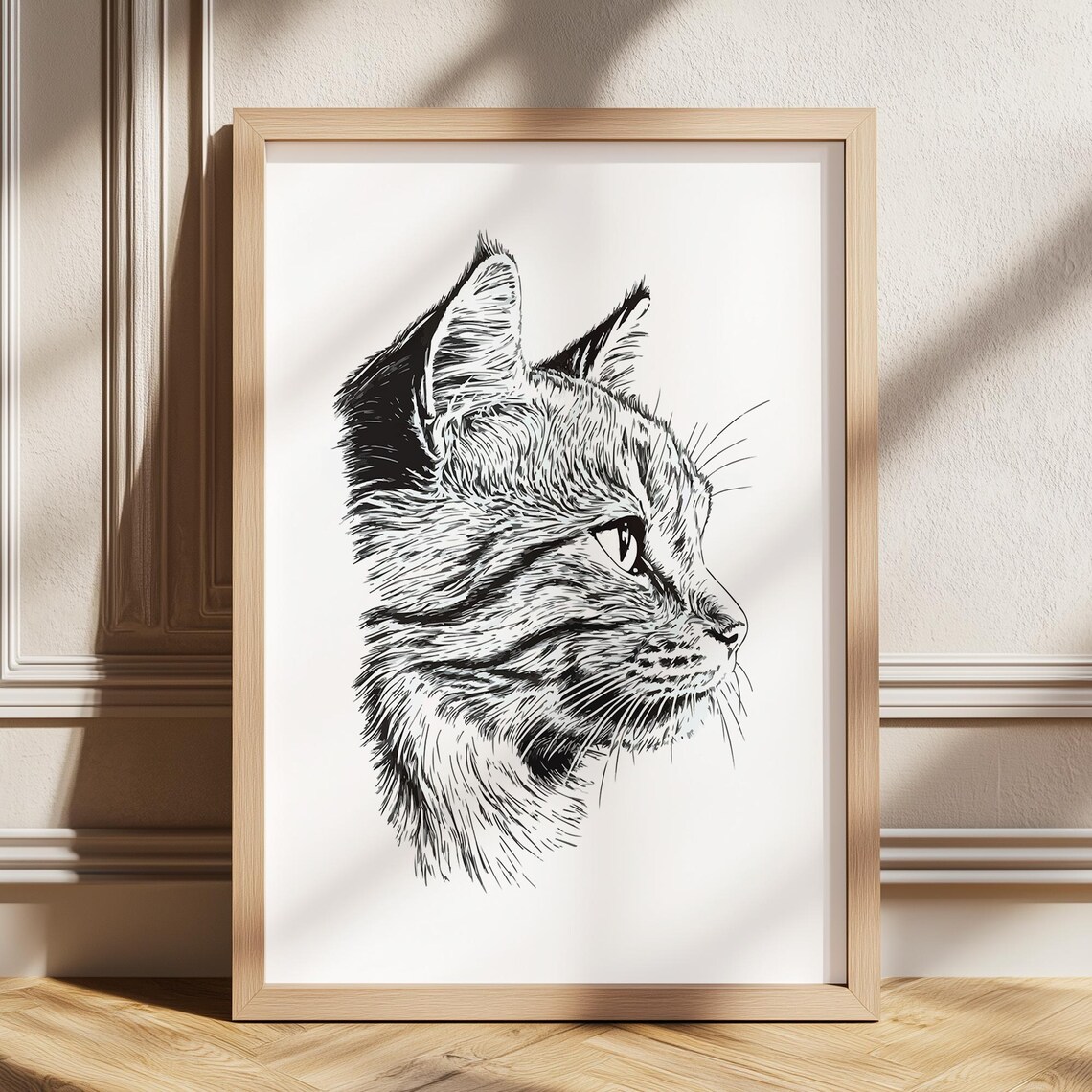 Elegant Vintage Engraved Cat Portrait Profile Sketch Art Poster