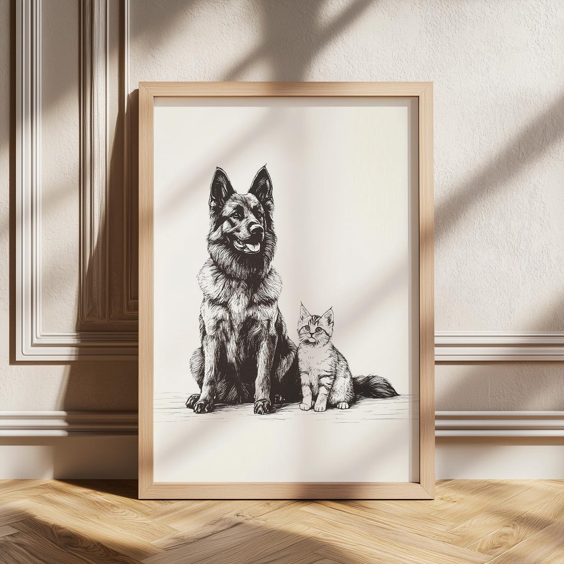 German Shepherd Dog And Kitten Sketch Vintage Pet Illustration Poster