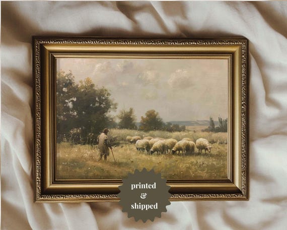 Shepherd and His Sheep, Vintage Farmhouse Art Print