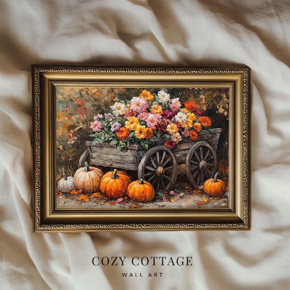 Flowers And Pumpkins, Vintage Style Art Print