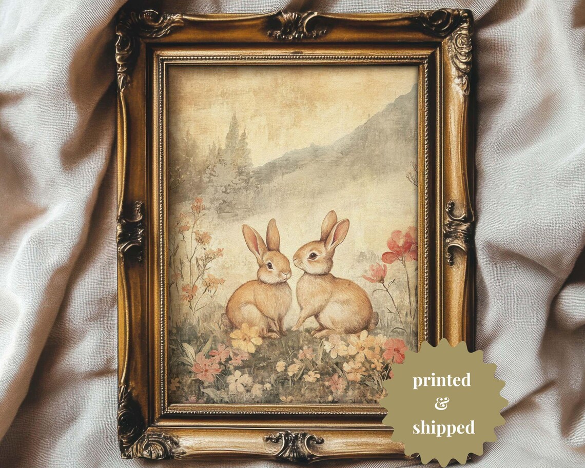 Two Rabbits Vintage Sepia Art Print, Easter Spring
