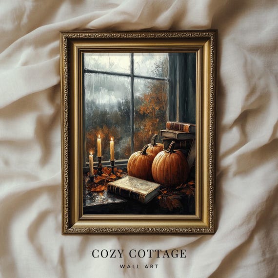 Pumpkins, Books and Candles Vintage Art Print