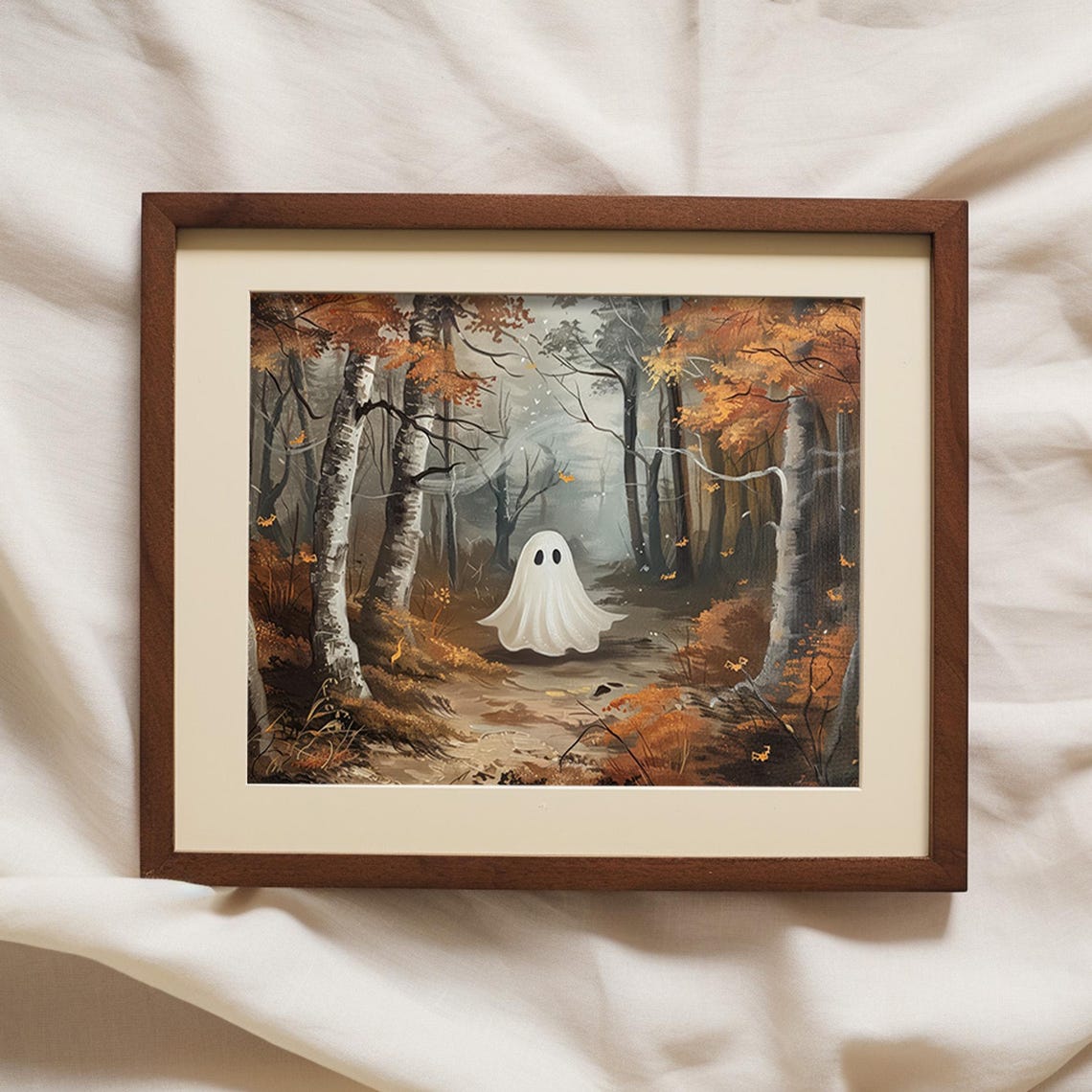 Little Ghost In Autumn Forest, Vintage Halloween Art - Image 2