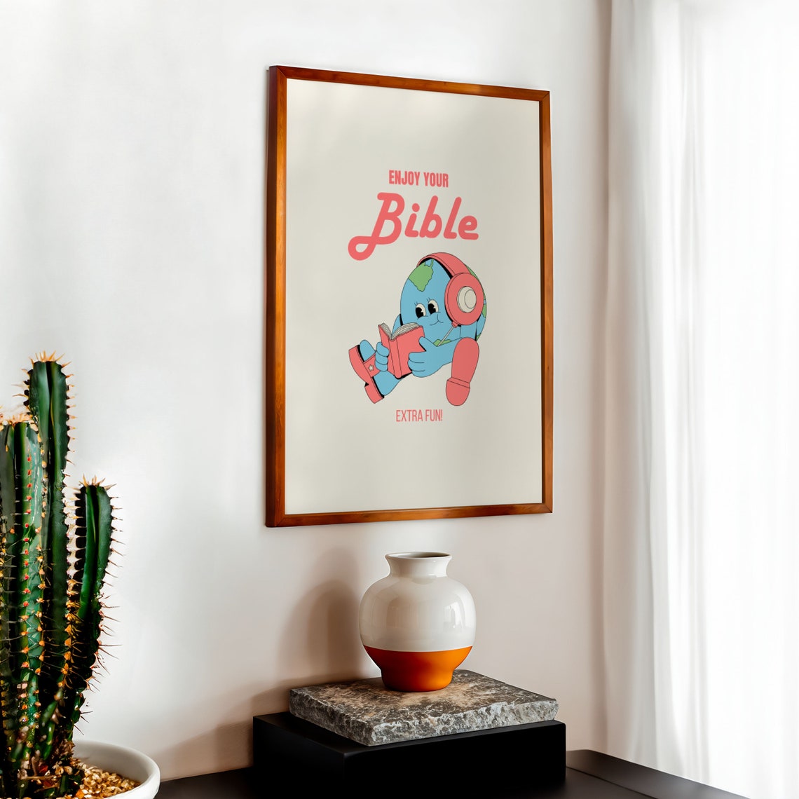 Enjoy Your Bible Retro Globe Mascot Reading Fun Faith Poster - Image 2
