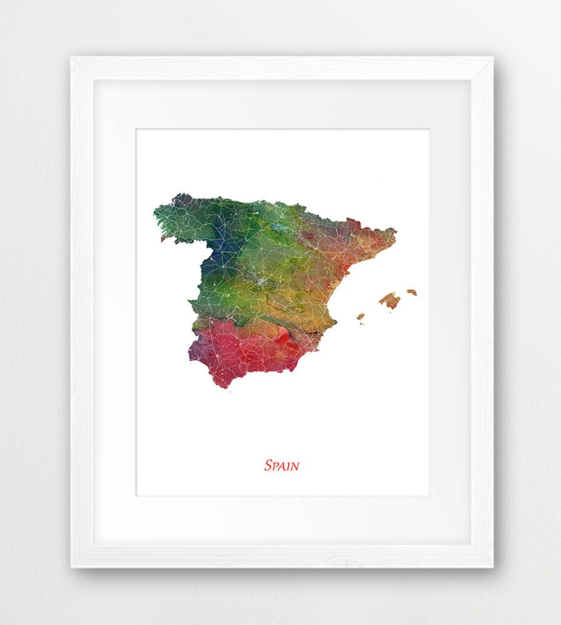 Spain Map Watercolor Travel Poster, Home Decor