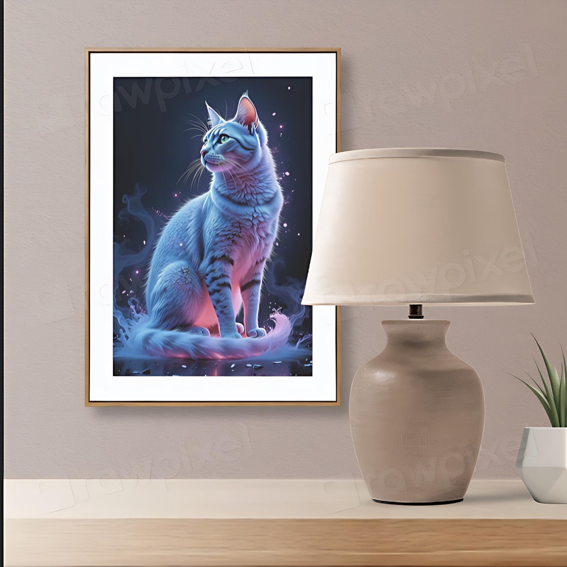 White Cat Sitting on Shimmering Water Under Neon Glow Poster