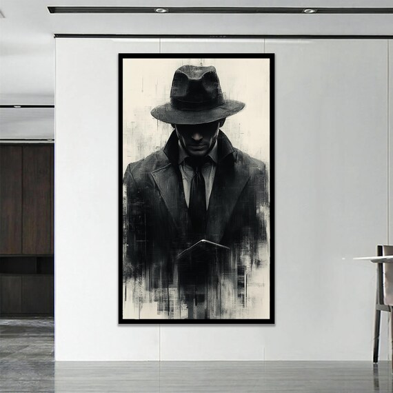 Mysterious Man In Fedora Noir Monochrome Figurative Art Portrait Poster